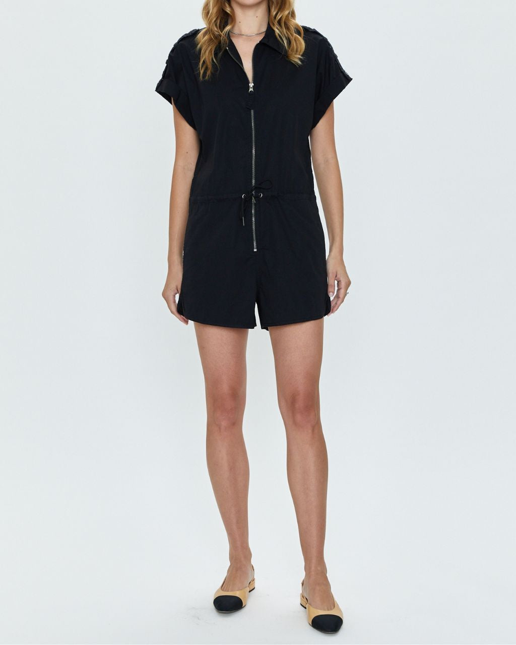 Meg Short Sleeve Zip Front Romper - Multiple colors available