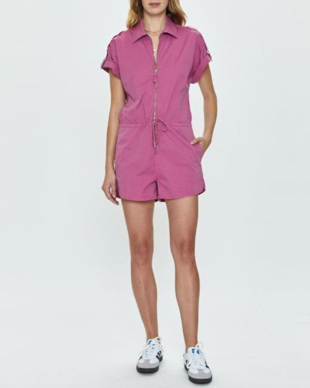 Meg Short Sleeve Zip Front Romper - Multiple colors available